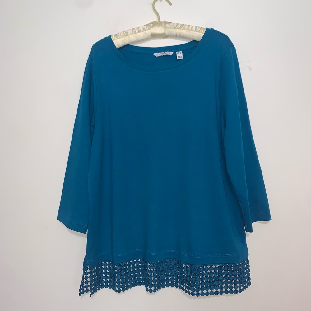 Isaac Mizrahi Live! 3/4 Sleeve Top with Geo Lace Hem Size Large